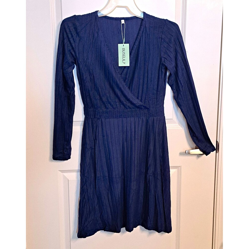 AUSELILY Blue Knit V-Neck Wrap Dress Long Sleeve Knee Length Stretch Size M